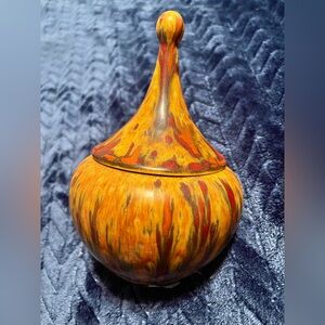 VTG 1970's ceramic container, fire orange abstract Splatterpaint Candy Dish